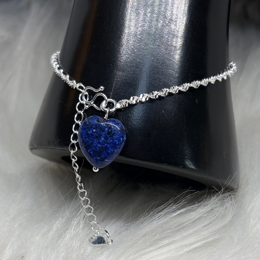925 Sterling Silver Chain Bracelet with Genuine Lapis Lazuli Heart romantic